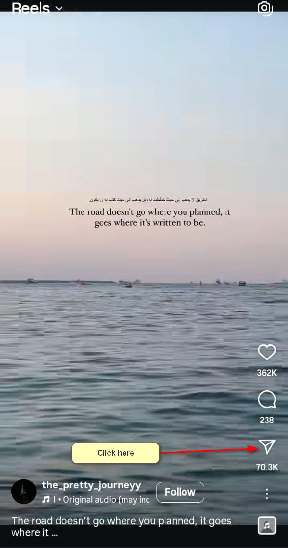 Screenshot showing Instagram Reel interface with Share button highlighted for copying link